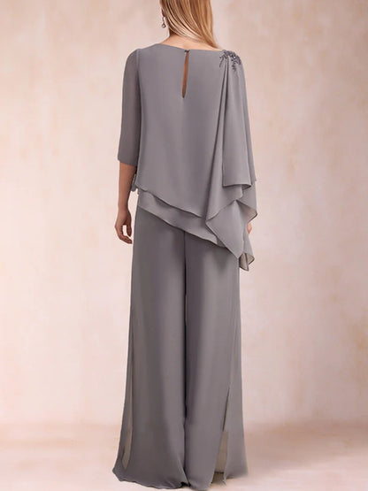 Chiffon Scoop 3/4 Sleeves 2 Pieces Ruched Pantsuits with Rhinestone