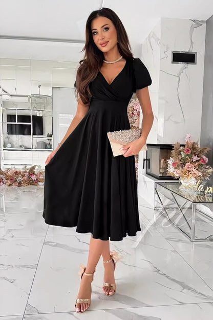 loveedsTM-Sexy V-neck solid color short-sleeved midi dress
