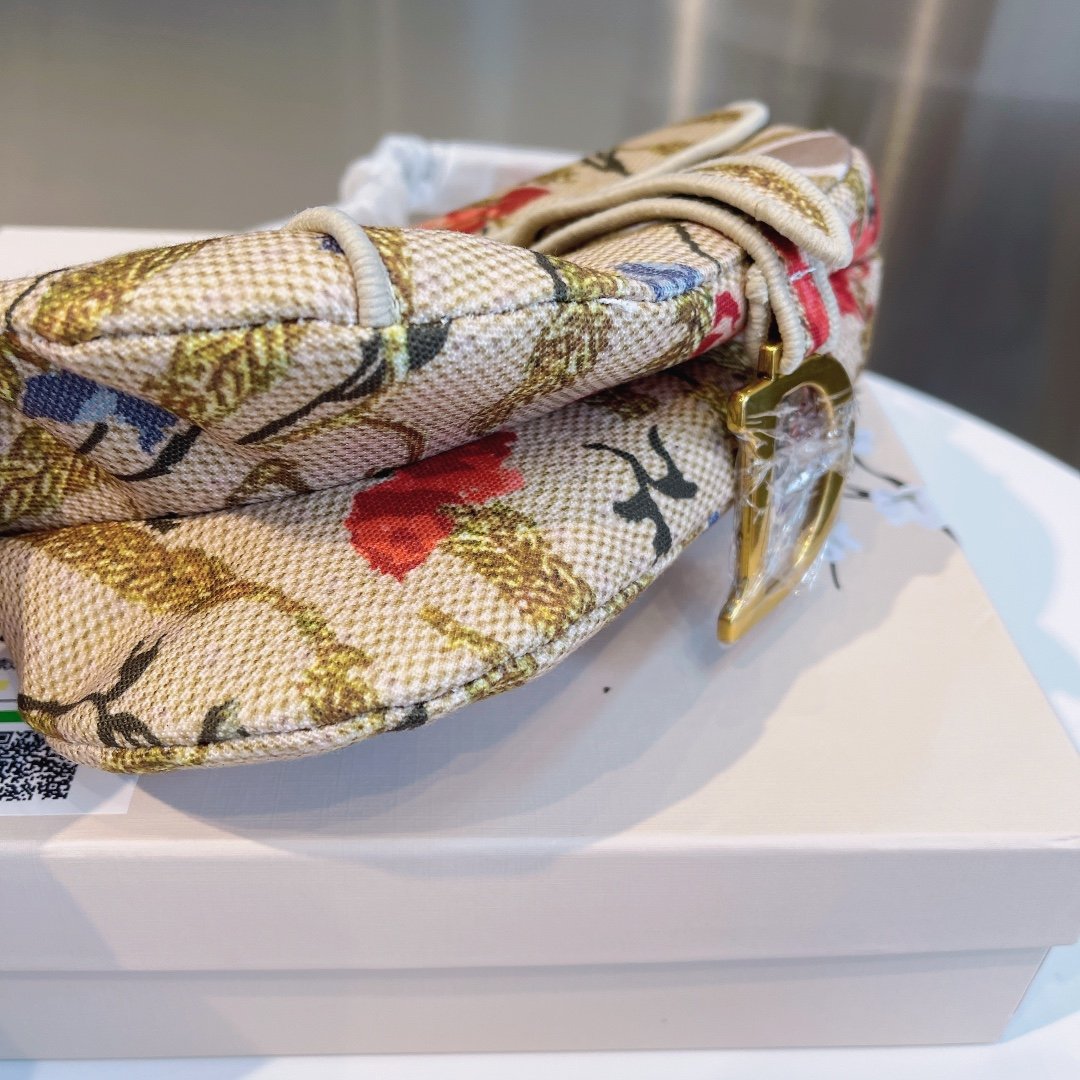 CHRISTIAN DIOR SADDLE BAG EMBROIDERED CANVAS HANDBAG IVORY