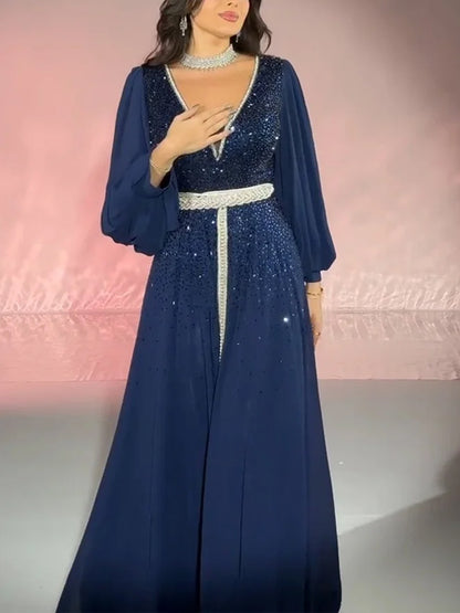 V-neck Sequin Chiffon Solid Color Maxi Dress