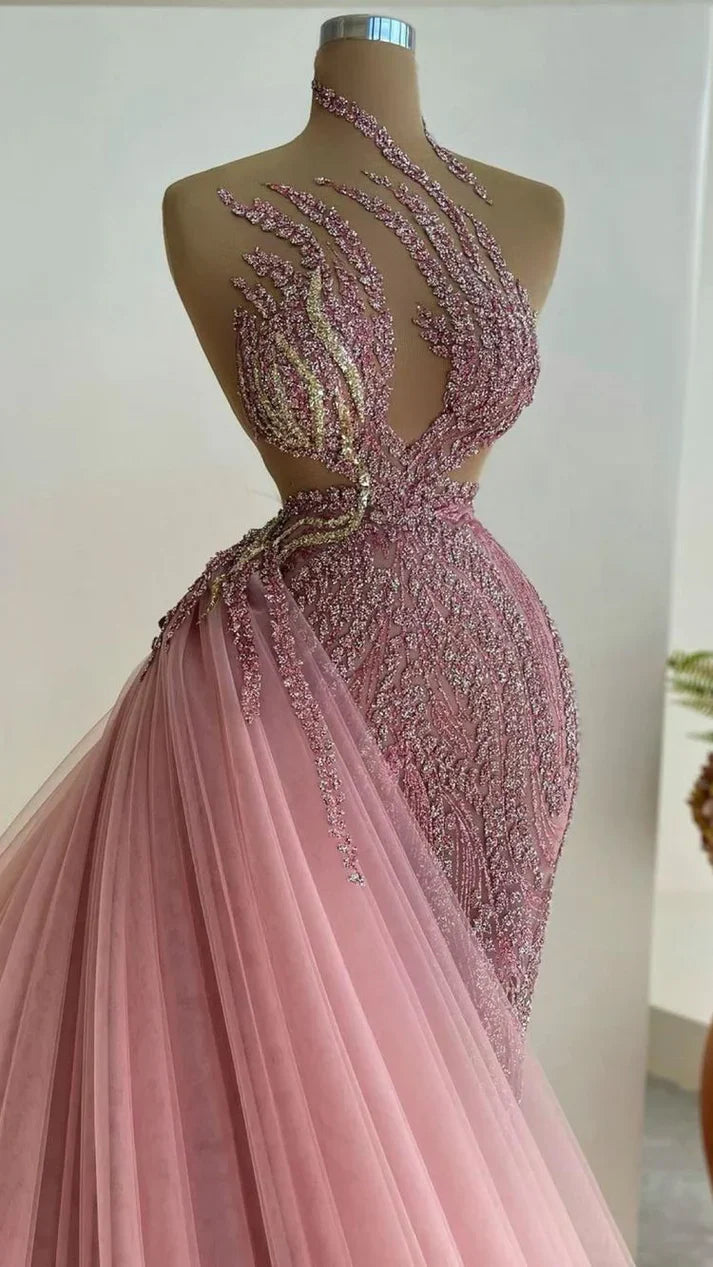 Pink Shiny Gorgeous Fantasy Long Beaded Tulle Ball Gown Evening Dress gh3129