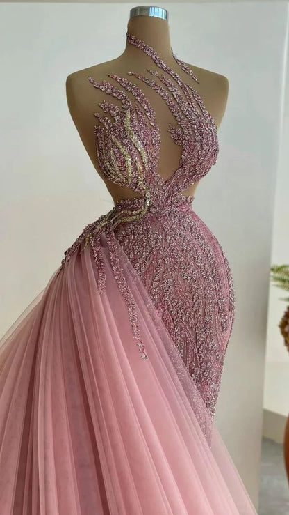 Pink Shiny Gorgeous Fantasy Long Beaded Tulle Ball Gown Evening Dress gh3129