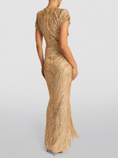 V-Neck Sequined Short-Sleeved Solid Color Maxi Dress