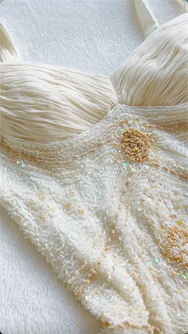 Vintage Gorgeous A Line StraP Beaded Ivory Chiffon Prom Dress Evening Dress SH2307