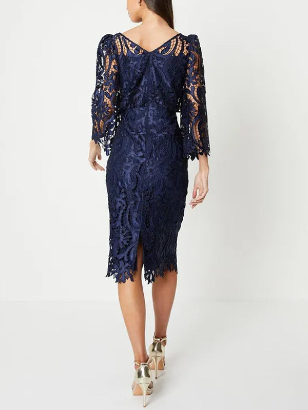 Round Neck Solid Color Lace Midi Dress