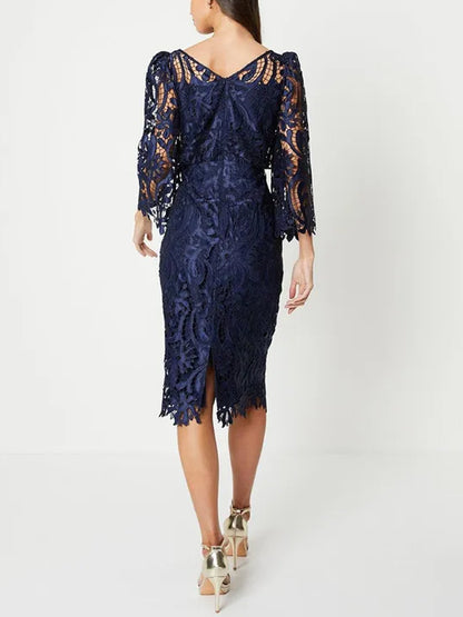 Round Neck Solid Color Lace Midi Dress