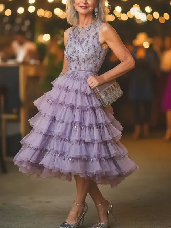 Light Purple Round Neck Mesh Sleeveless Midi Dress