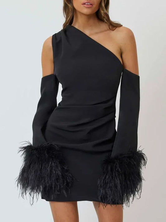 loveedsTM- One Shoulder Long Sleeve Mini Dress With Feathers Black Autumn Party Evening Club Furry Bodycon Sexy Dresses Women