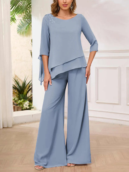 Asymmetrical Scoop Appliques Mother of the Bride & Groom Pantsuit