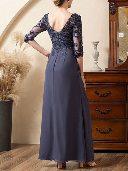 Grey Blue Sparkly Beaded Chiffon Mother of the Bride Dress