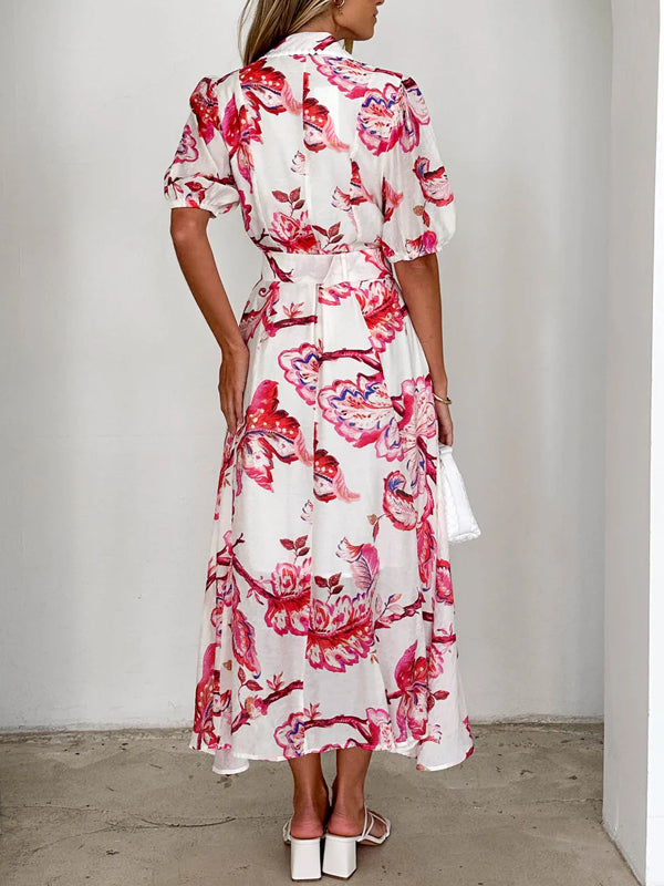 Chiffon Printed Temperament Lace-up Women's Dress