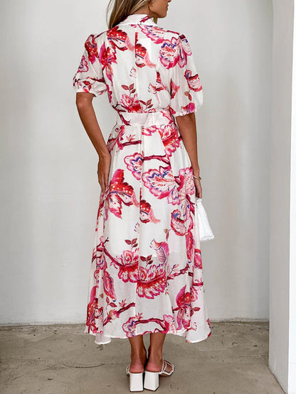 Chiffon Printed Temperament Lace-up Women's Dress