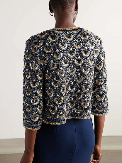 Crystal-Embellished Tulle Jacket and Crepe Gown Two-Piece Set