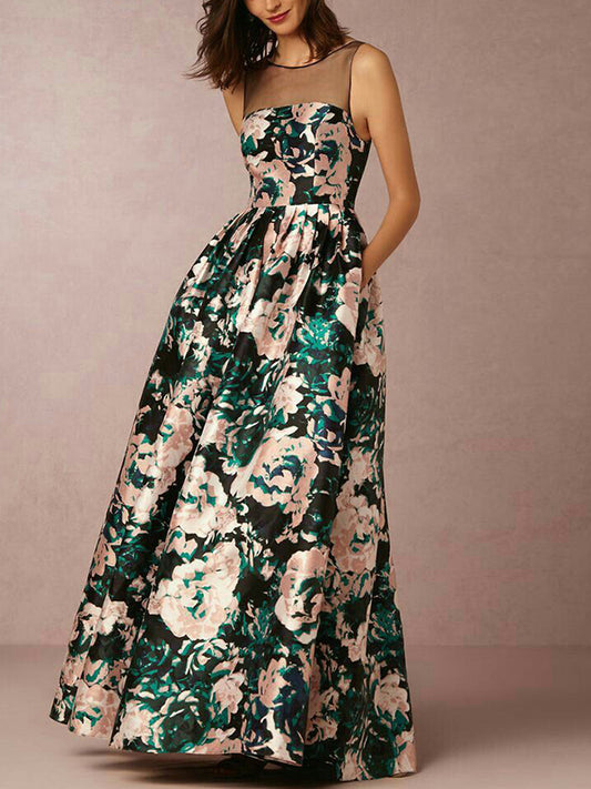 Round Neck Sleeveless Mesh Print Maxi Dress