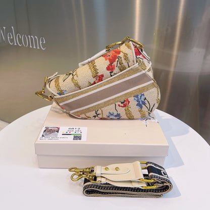 CHRISTIAN DIOR SADDLE BAG EMBROIDERED CANVAS HANDBAG IVORY