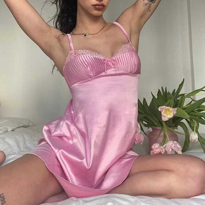 loveedsTM- pink satin slip dress women pinktuck details mini sexy women dress hollow out back chic ladies dress summer party