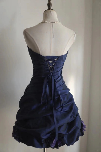Dark blue irregular pleated short satin homecoming dress a-line princess dress birthday dress gh4376