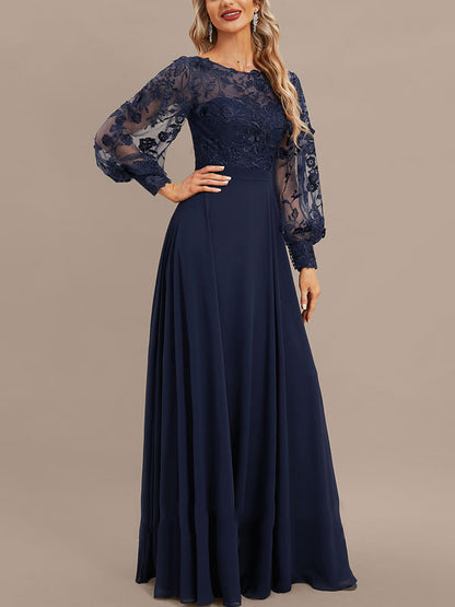 A-line Scoop Illusion Floor-Length Lace Chiffon Evening Dress