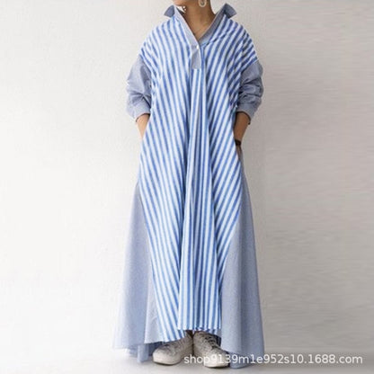 loveedsTM - Autumn Casual Loose Maxi Dress Women Vintage Turn-down Collar Striped Shirt Boho Beach Wedding Long Office Vestidos