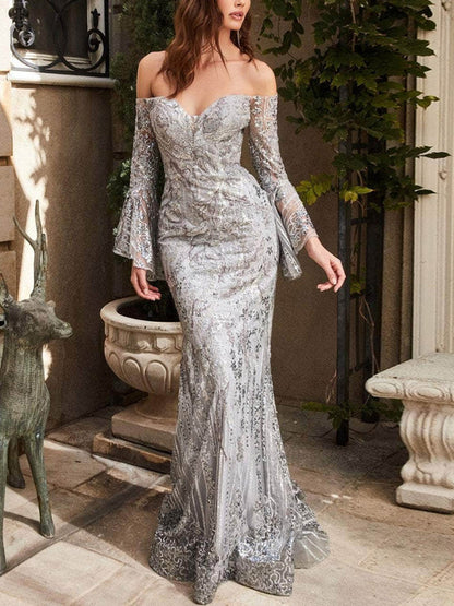 Off-Shoulder Prom Solid Color Similar Maxi Dress