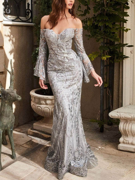 Off-Shoulder Prom Solid Color Similar Maxi Dress