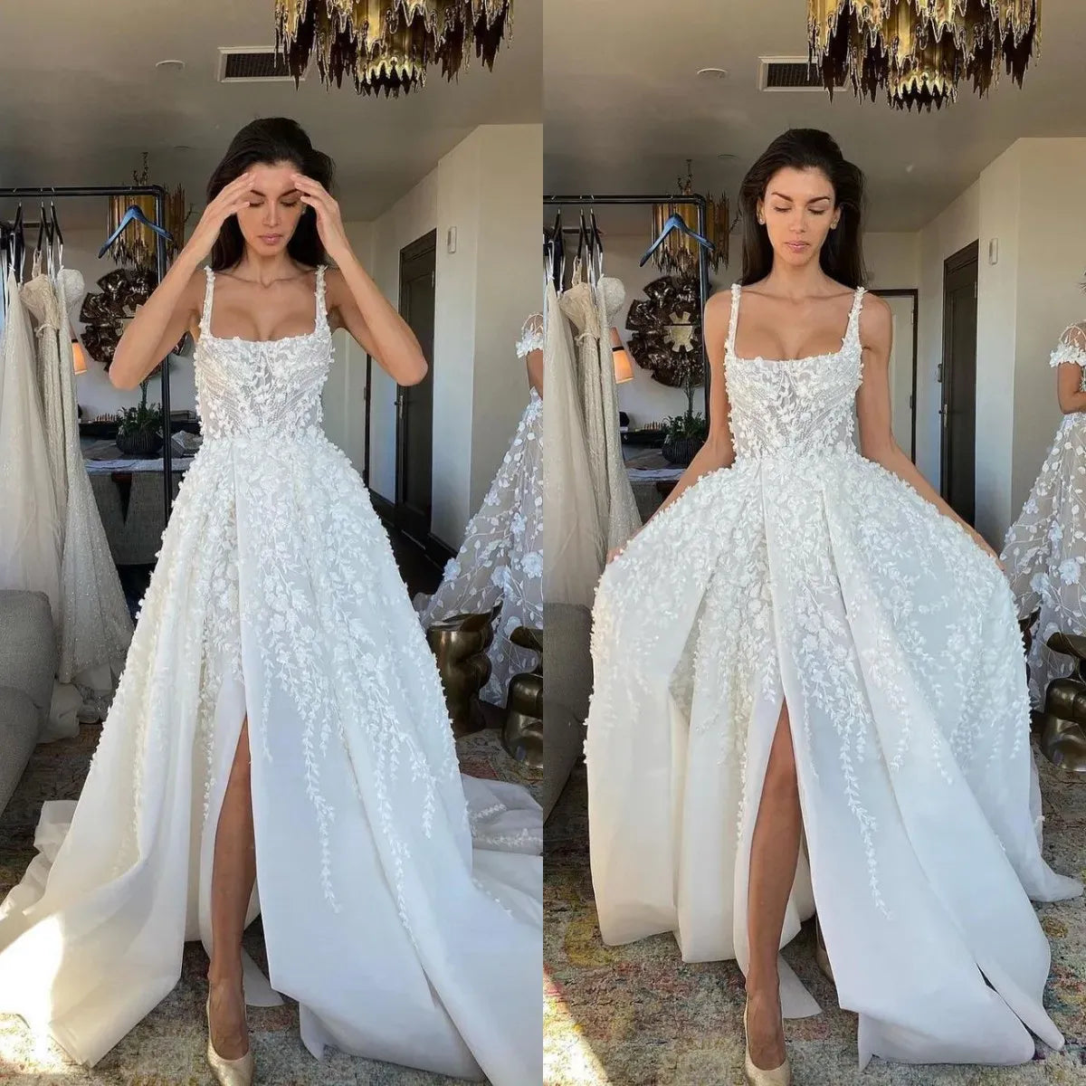 White fantasy square neck slit lace applique long tulle backless bridal gown wedding dress gh2404