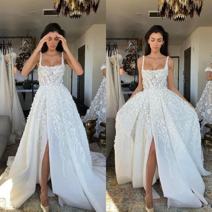 White fantasy square neck slit lace applique long tulle backless bridal gown wedding dress gh2404