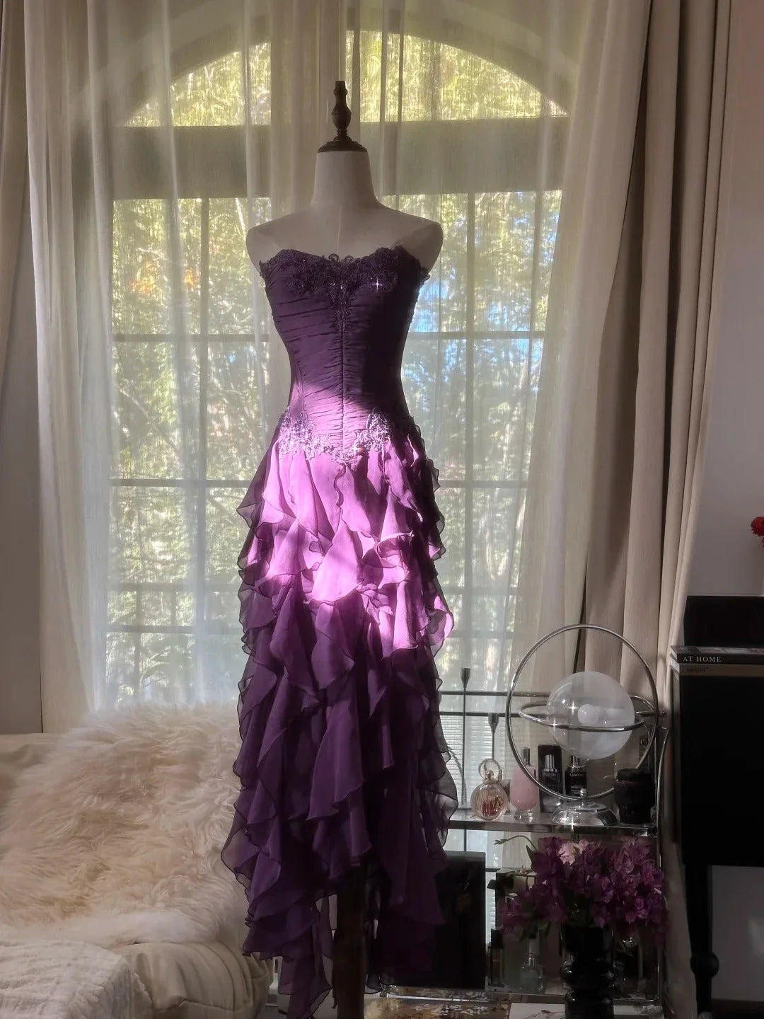 Romantic Purple Ruffle Chiffon Sleeveless Long Elegant Ball Gown Evening Dress Birthday Party Dress gh4270
