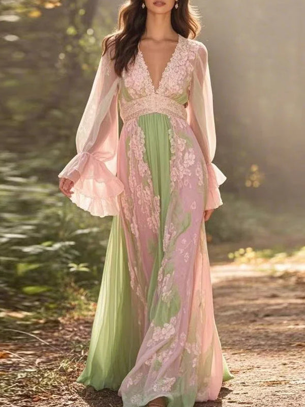 V-neck Lace Temperament Color Matching Women's Dress