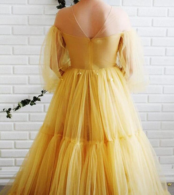 Yellow pretty fairy elegant exquisite beading A-line long sleeve long tulle ball gown evening dress gh2234