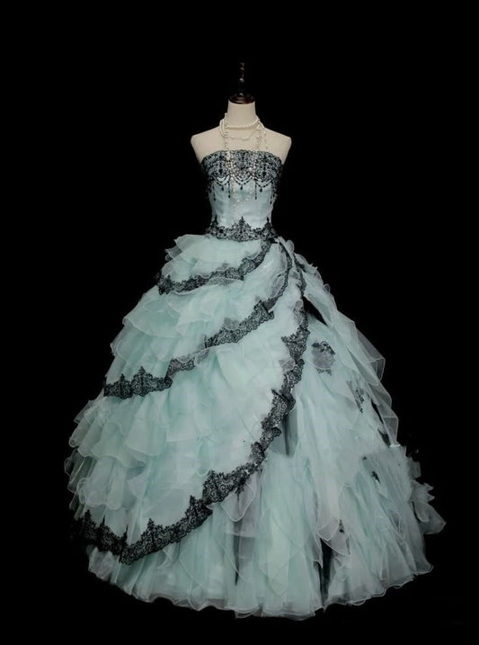 Light Blue Black Lace Long Tulle A-Line Ball Gown Evening Dress gh4757