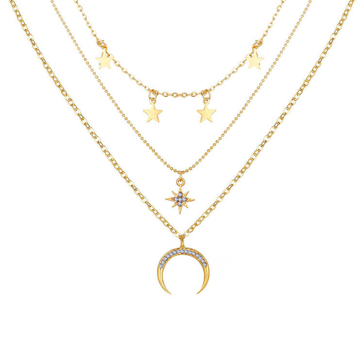 Star moon necklace women's pentagram necklace multi-layer moon pendant