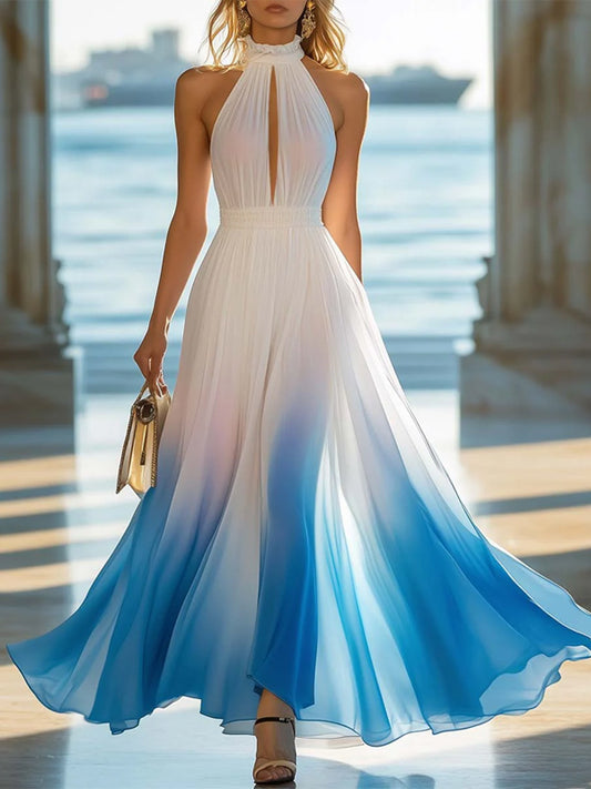 Blue And White Gradient Hollow Half High Collar Chiffon Maxi Dress