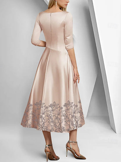 V-neck Satin 3/4 Sleeves Lace Ruffle Sequins Maxi Dress