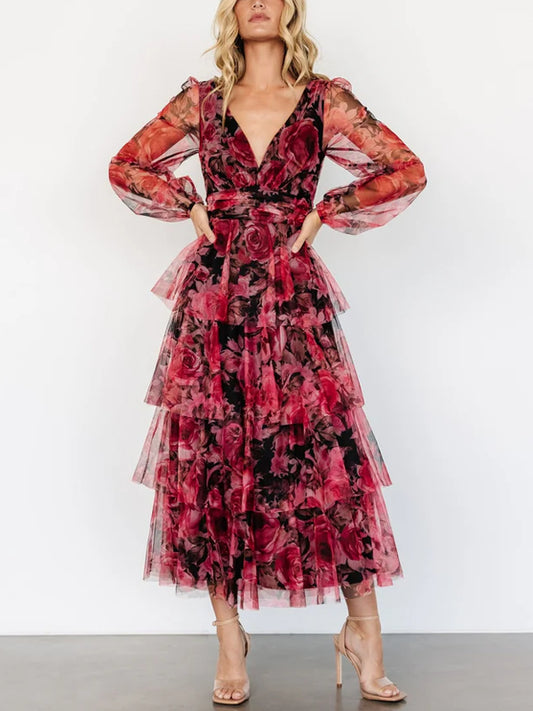 Layered Chiffon Print Maxi Dress