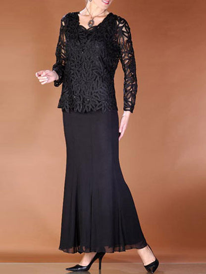 Lace Cutout Air Quality Round Neck Long Sleeve Ladies Skirt Set