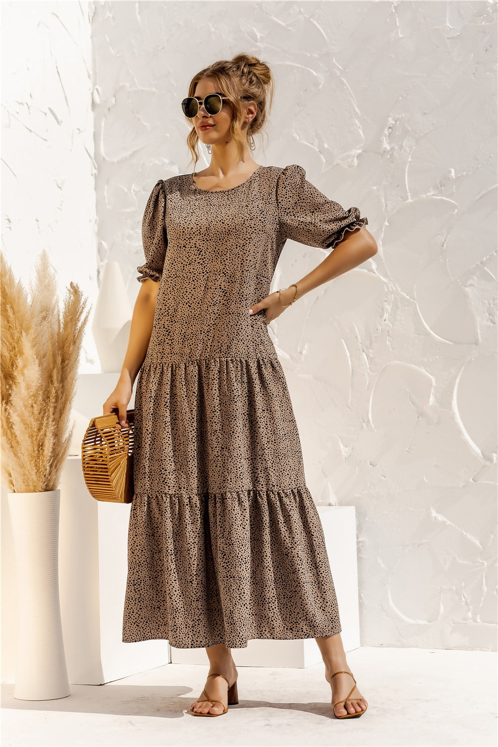 loveedsTM-Summer Polka Dot Plaid Print Robe Maxi Dress Women Elegant Puff Sleeve Casual Patchwork Loose Holiday Party Long Vestidos