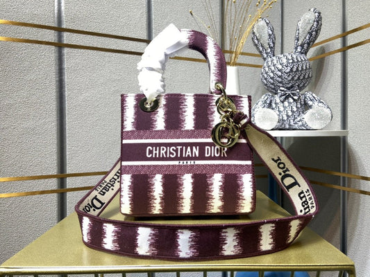 Dior Women Medium Lady D-lite Bag Blue D-Stripes Embroidery