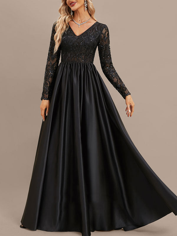 A-line V-Neck Floor-Length Satin Lace Evening Dress With Sequins