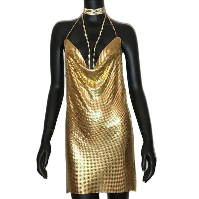 loveedsTM-Sexy Gold Sequined Patchwork Mini Dress Women Sleeveless Low Cut Metal Chains Halter Slim Charming Nightclub Party Dresses