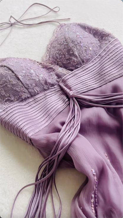 Purple Beautiful Sweet Elegant Sweetheart Neck Exquisite Beaded Suspender Long Chiffon Ball Gown Evening Dress Party Dress Prom Dress gh3822