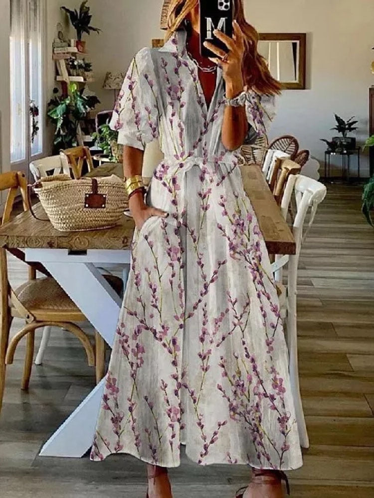 loveedsTM-Women Elegant Striped Short Sleeve Maxi Dress New Fashion Lace-Up Belt Party Dress Sexy Loose Hem Shirt Long Dress Vestidos