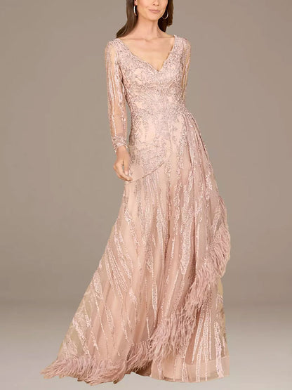 Embroidered V-Neck Dress with Feathers