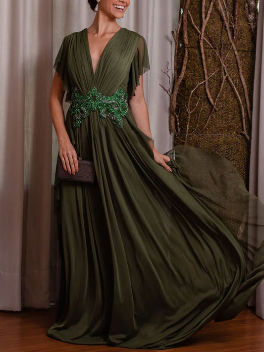 Deep V Temperament Chiffon Embroidery Women's Gowns