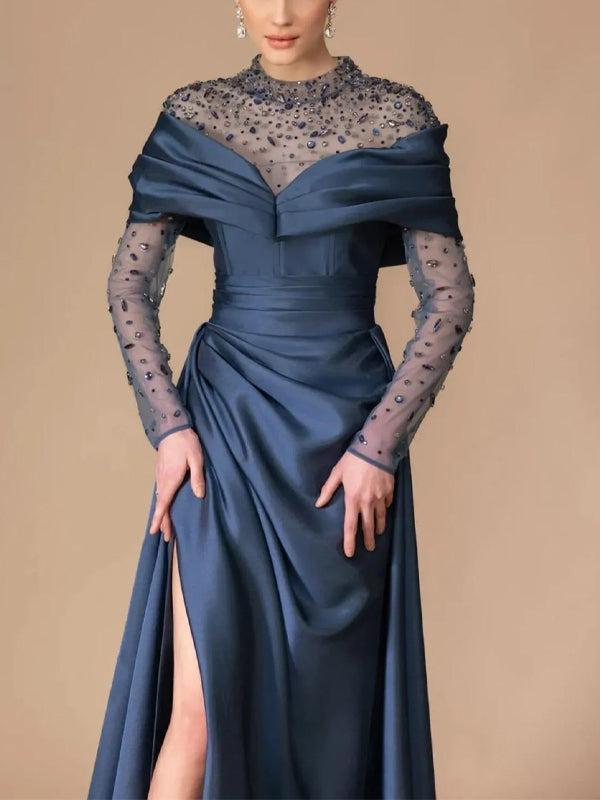 Round Neck Lace Long Sleeve Solid Color Maxi Dress