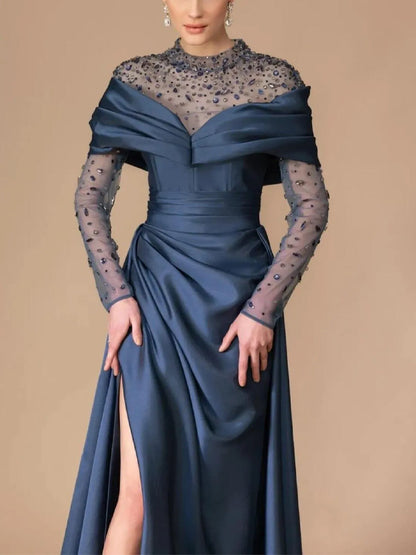 Round Neck Lace Long Sleeve Solid Color Maxi Dress