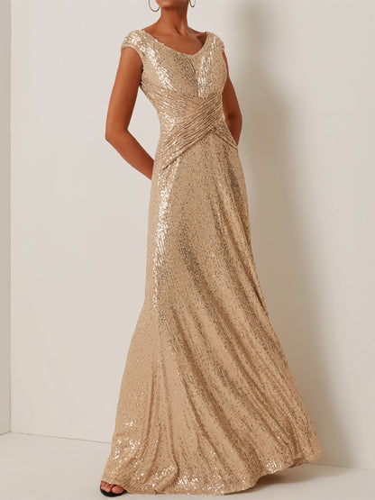 Round Neck Short Sleeves Sequins Maxi Dress