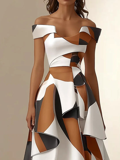 White Color Block Off The Shoulder A-Line Maxi Dress