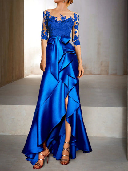 Round Neck Lace Solid Color Maxi Dress