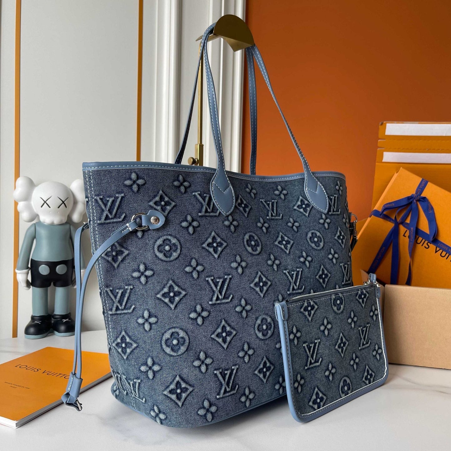 LOUIS VUITTON NEVERFULL MM BAG MONOGRAM DENIM BLUE 32CM